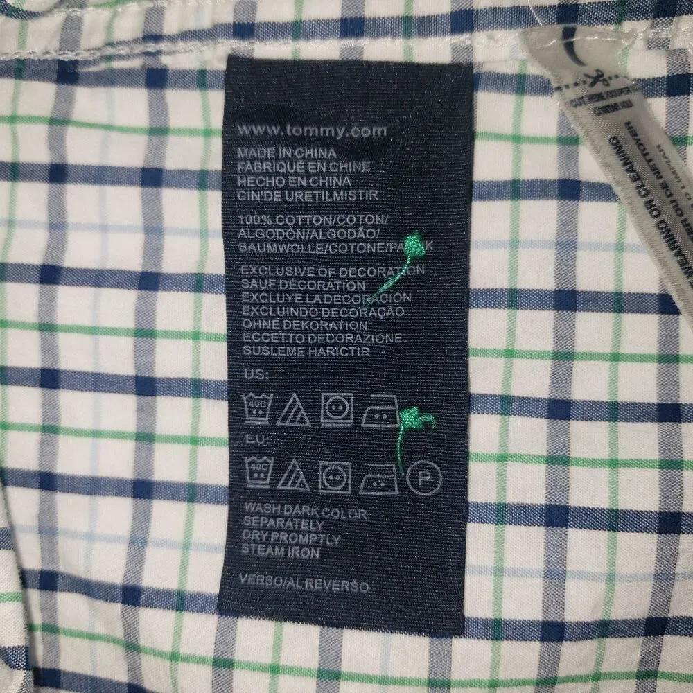 TOMMY HILFIGER Blue Green and White Button Down Dress Shirt Mens Size Medium